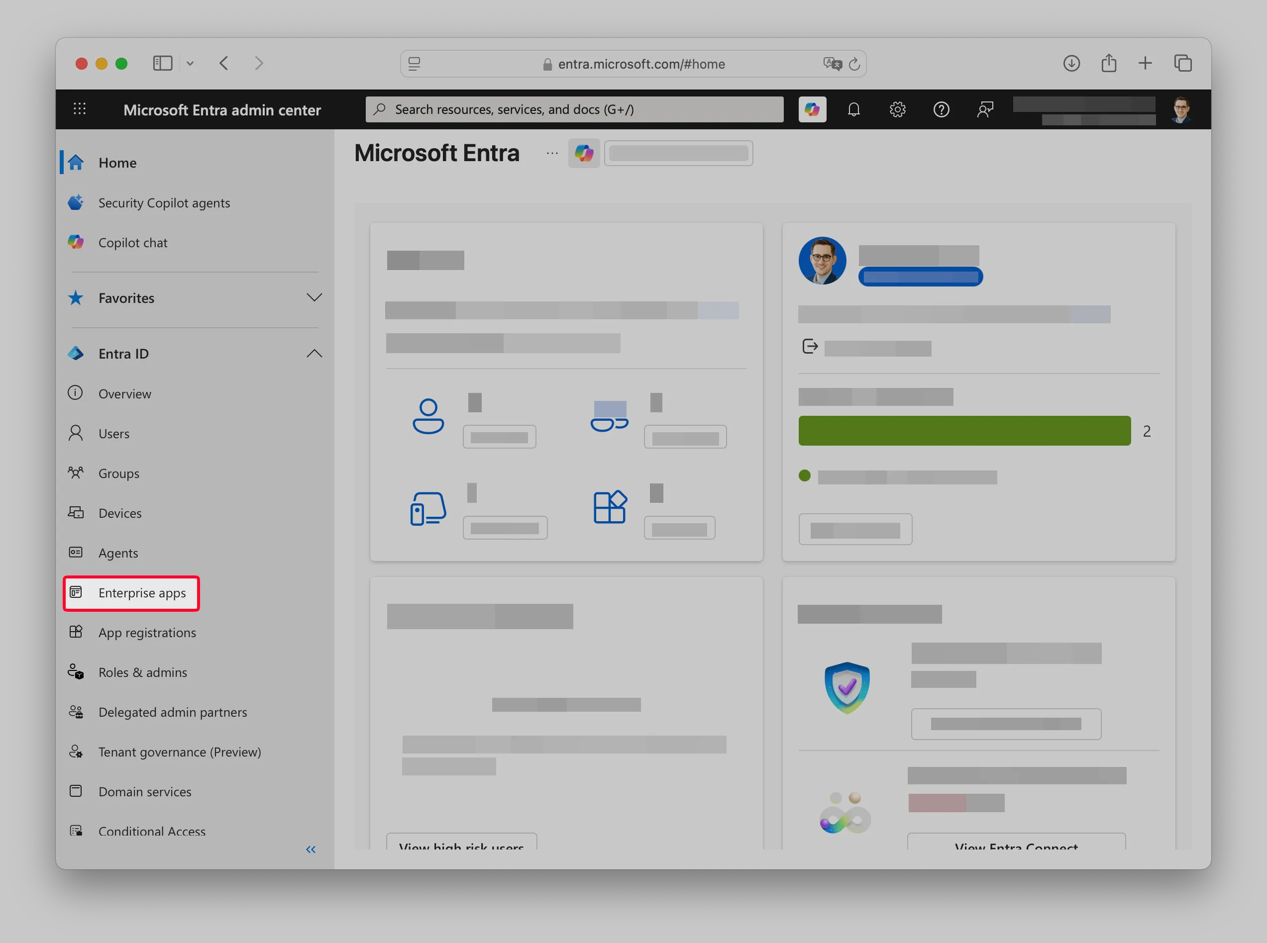 Microsoft Entra home with Enterprise apps highlighted.