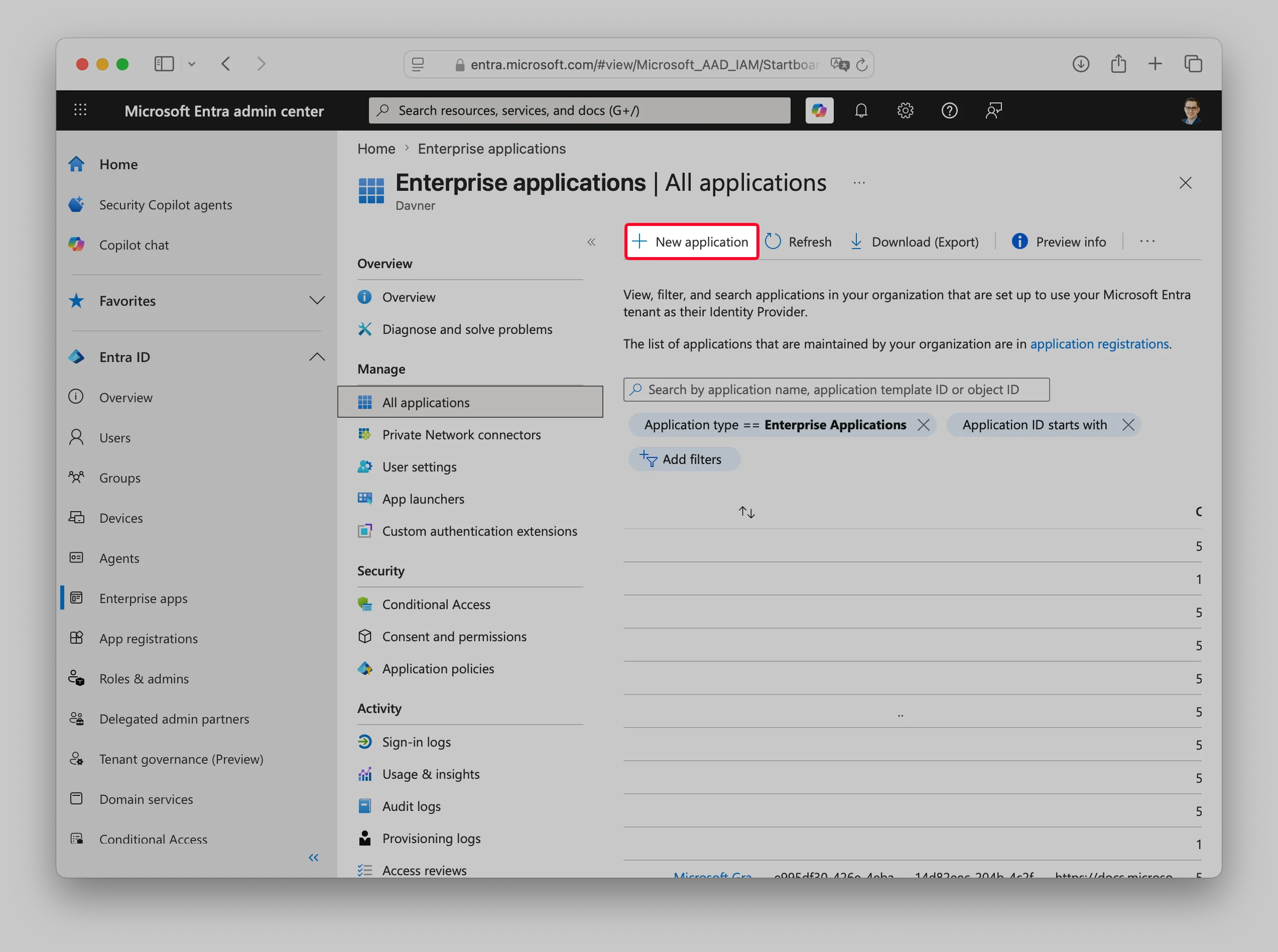 Enterprise applications list with New application highlighted.