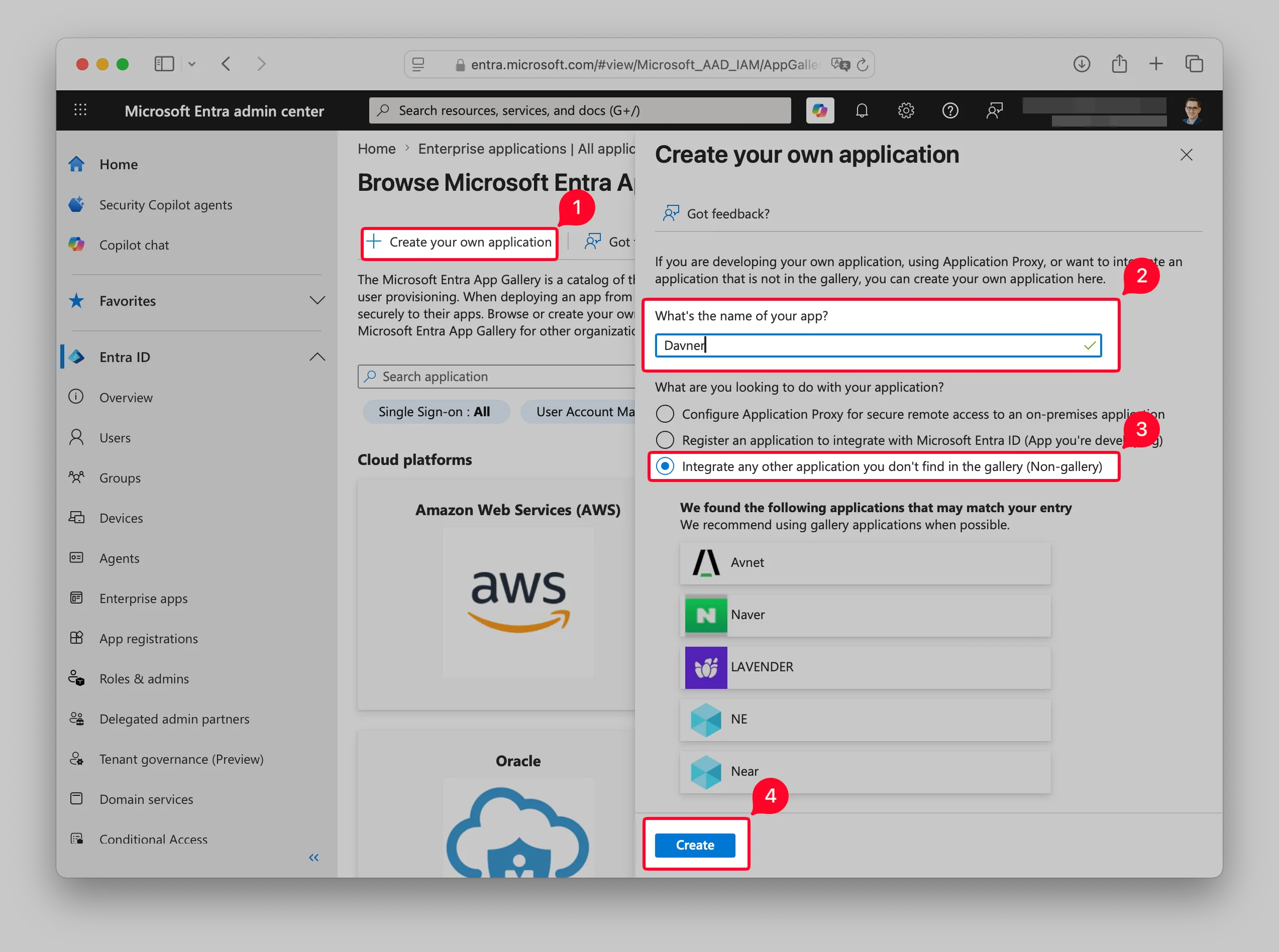 Create your own application panel with the Davner name, non-gallery option, and Create button highlighted.