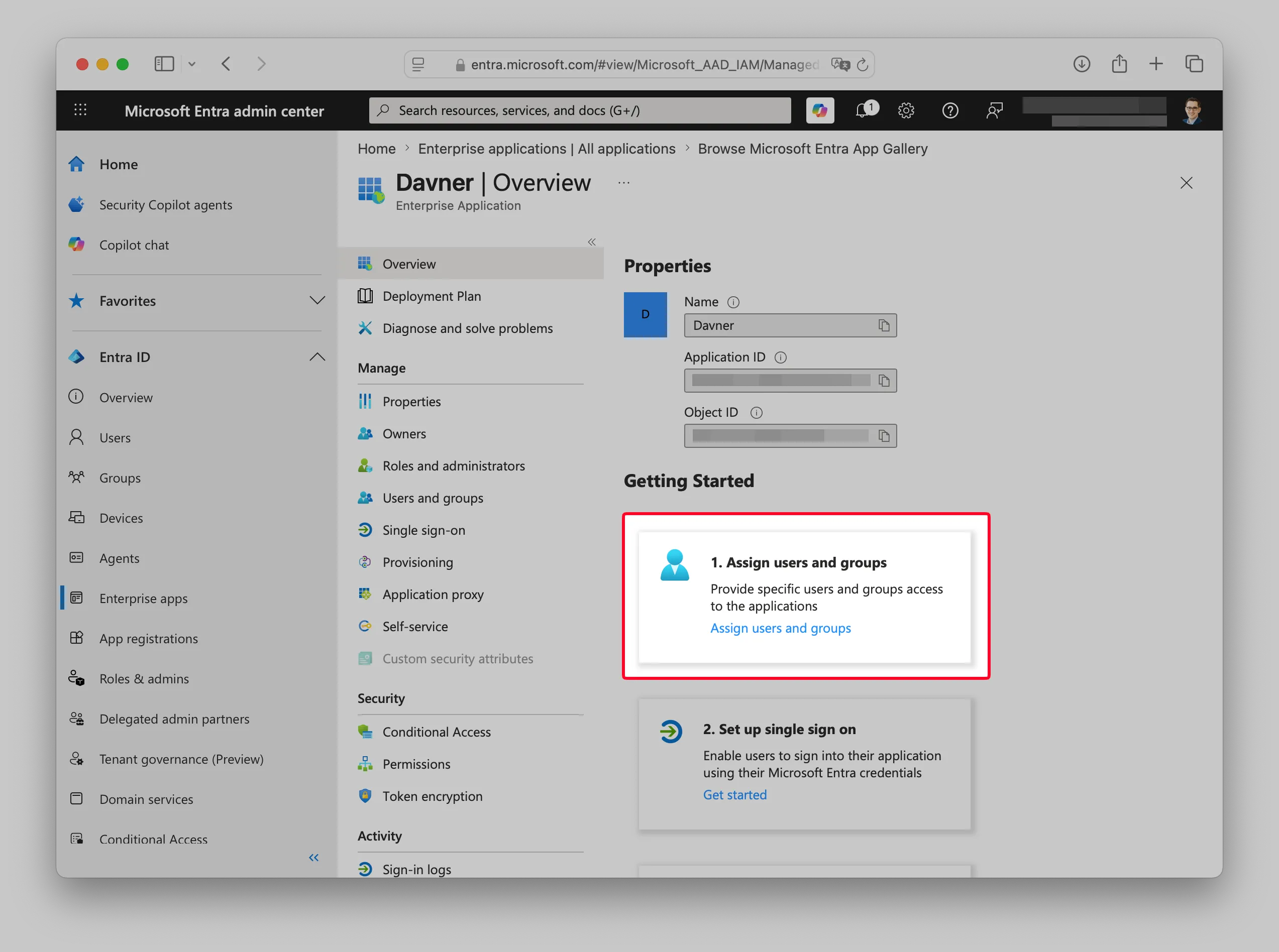 Davner enterprise application overview with Assign users and groups highlighted.