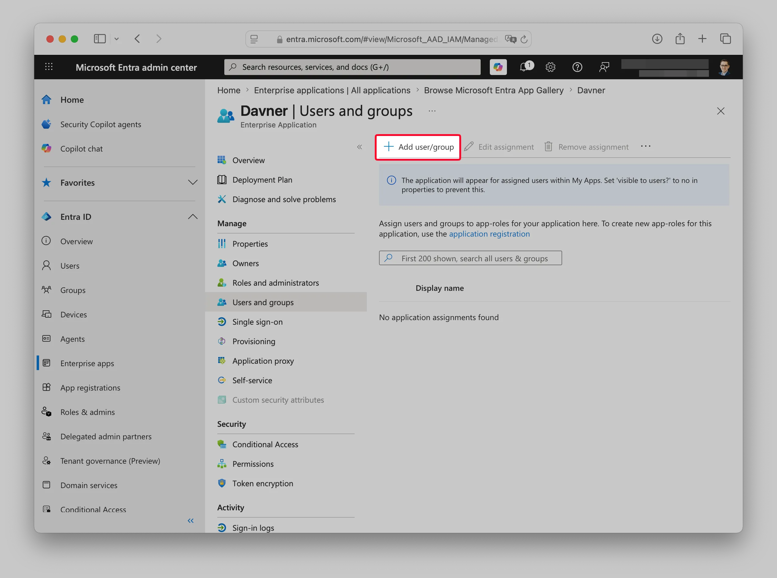 Users and groups page with Add user/group highlighted.