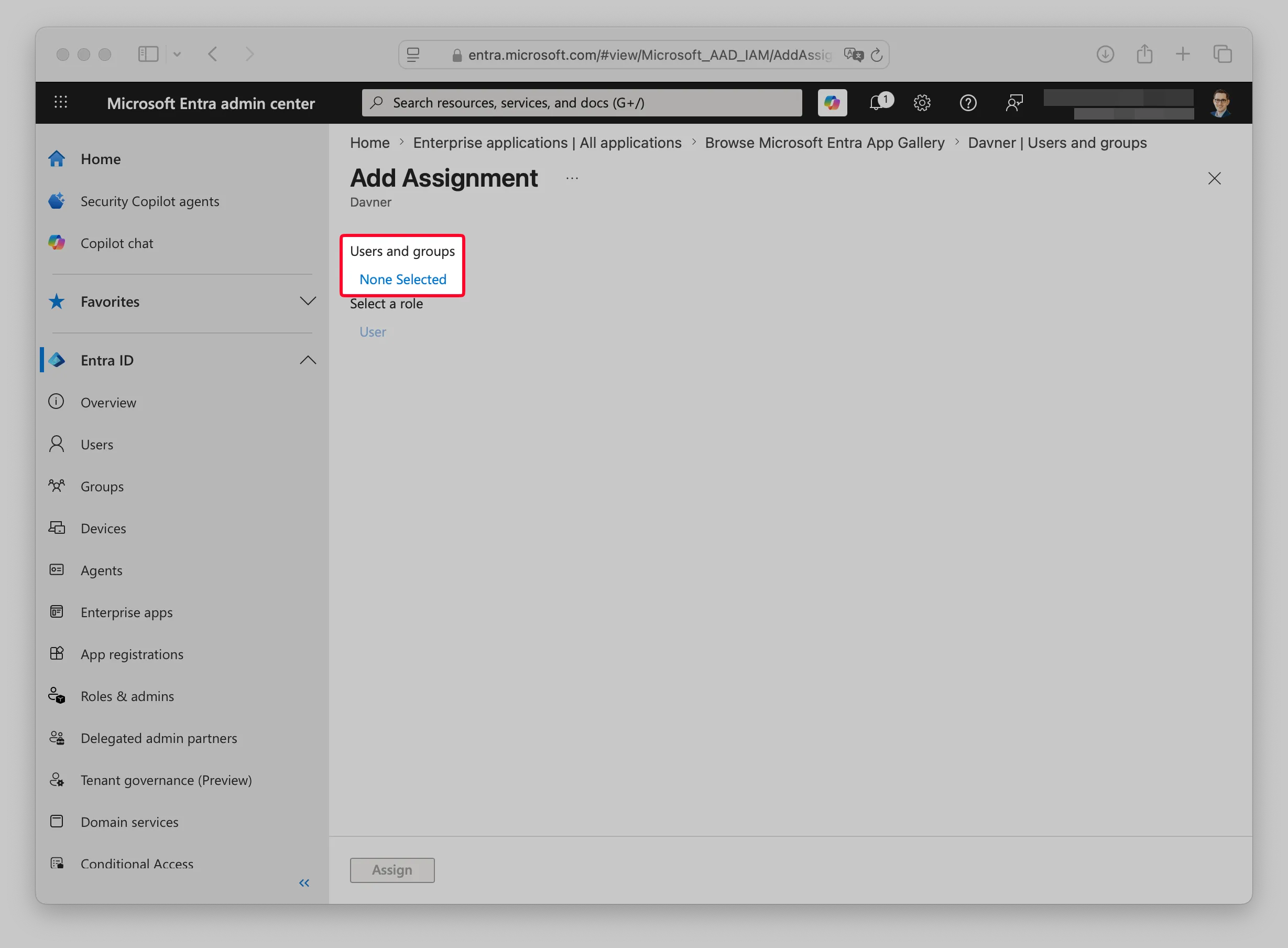 Add Assignment panel with None Selected highlighted.