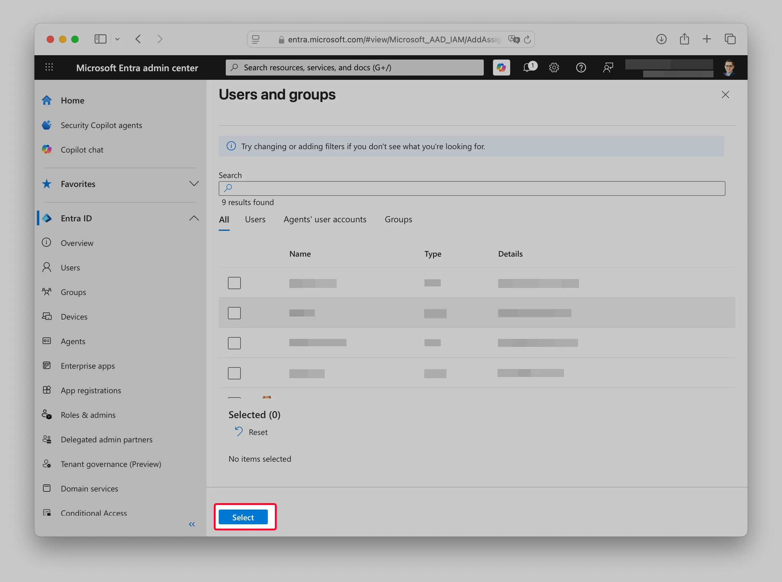 User and group selection list with the Select button highlighted.