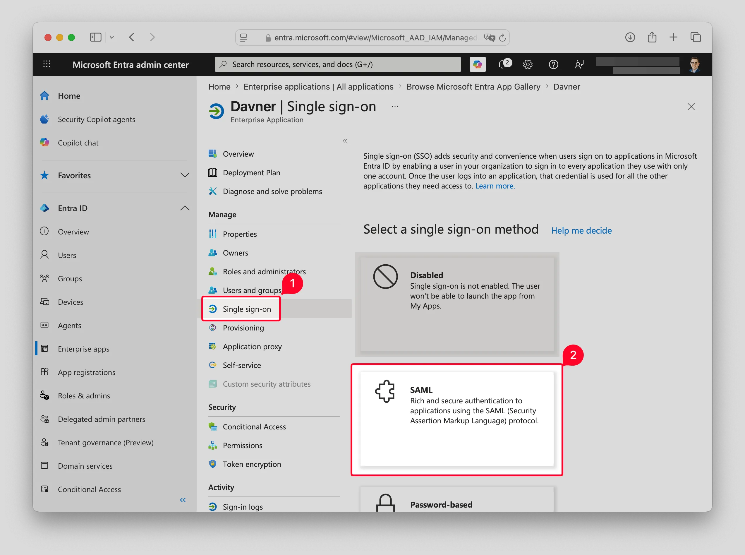 Single sign-on page with the menu entry and SAML option highlighted.