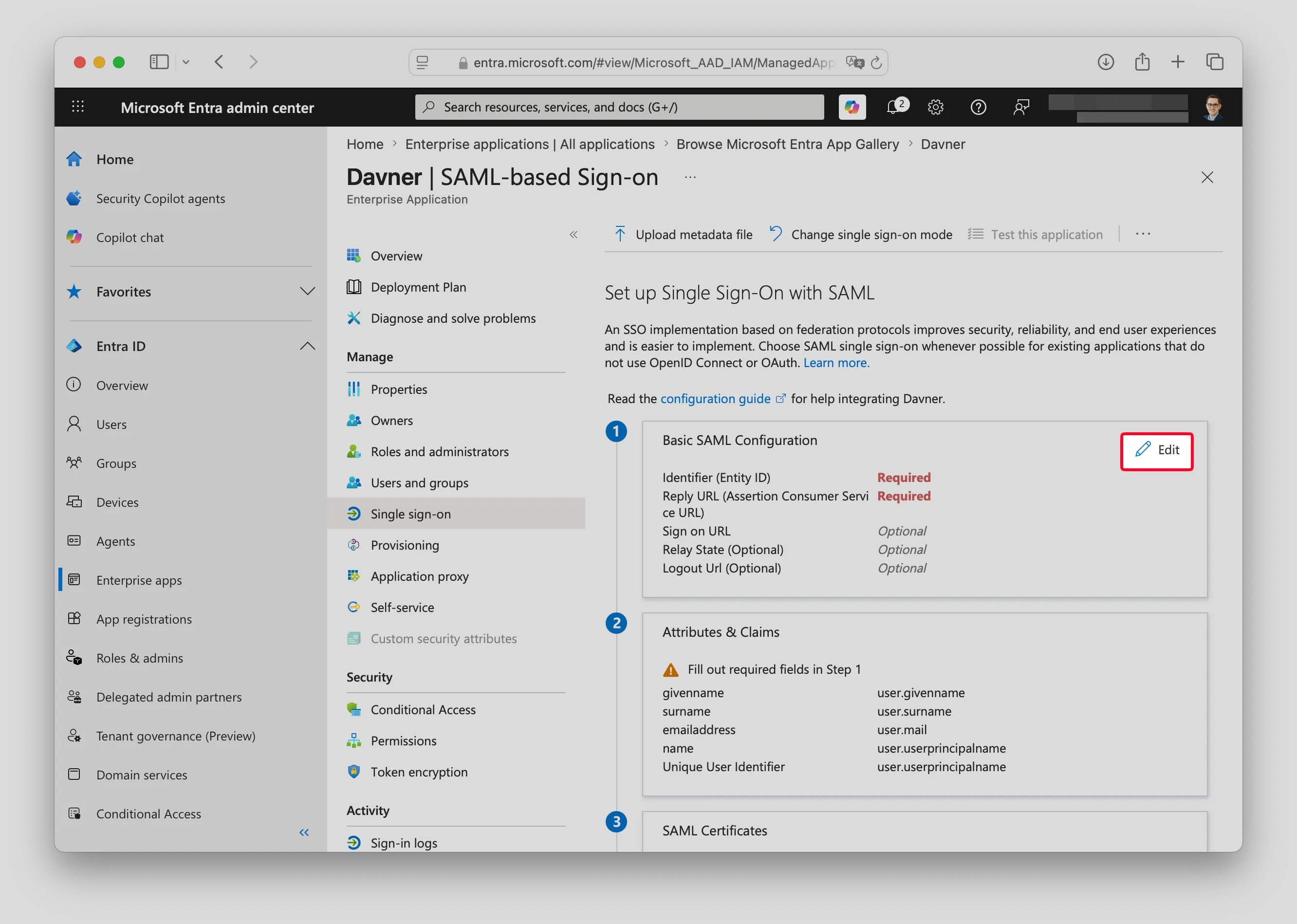 SAML setup page with Edit in Basic SAML Configuration highlighted.
