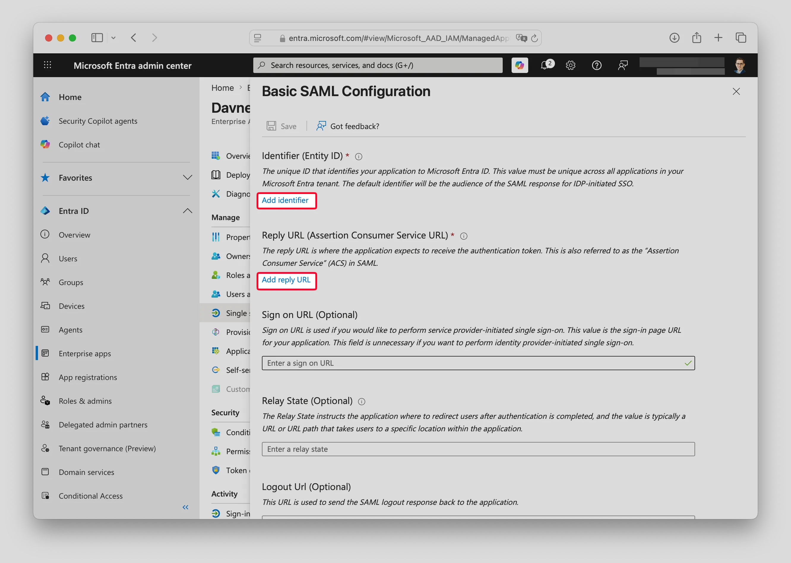 Basic SAML Configuration panel with Add identifier and Add reply URL highlighted.