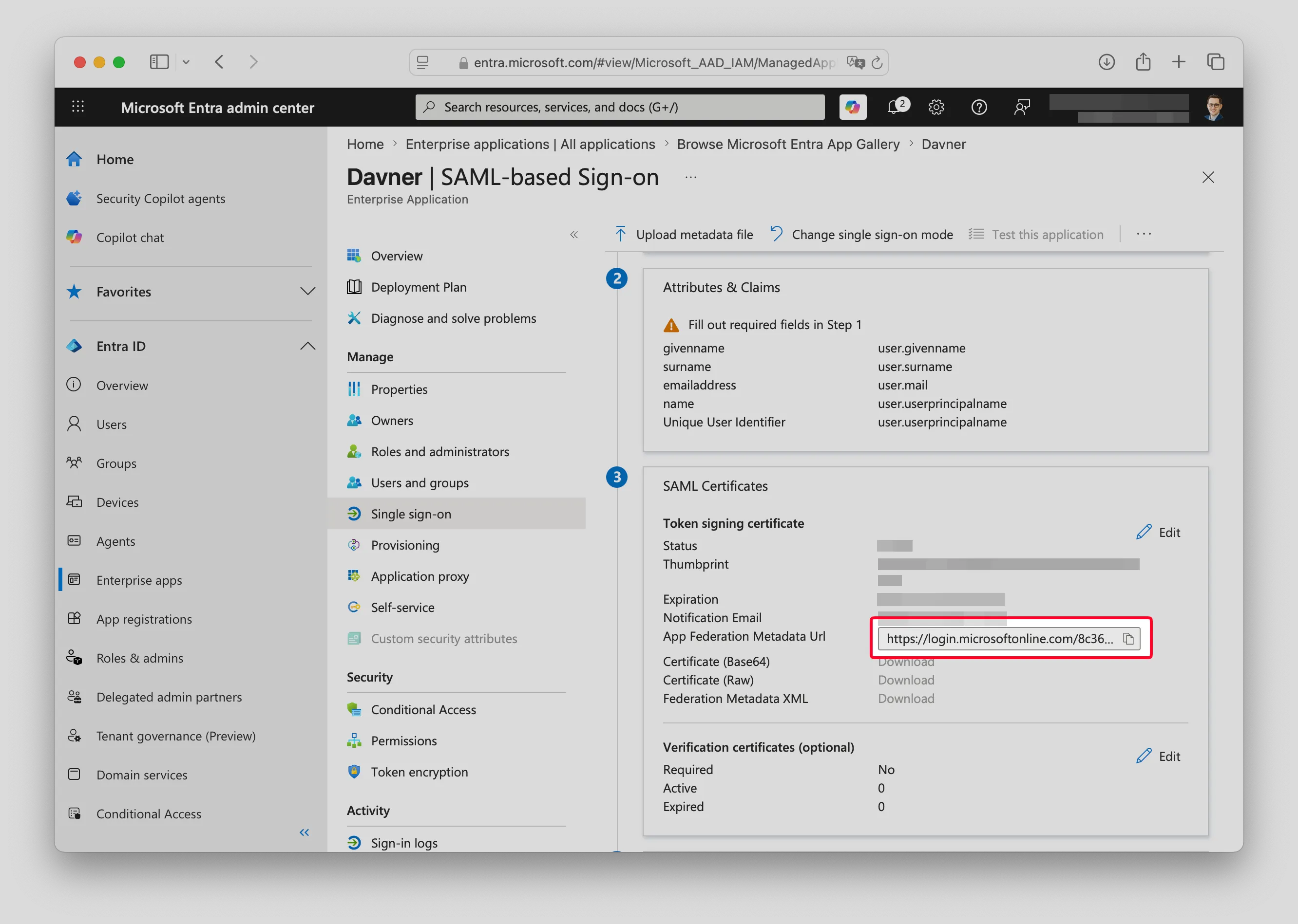 SAML Certificates section with App Federation Metadata Url highlighted.