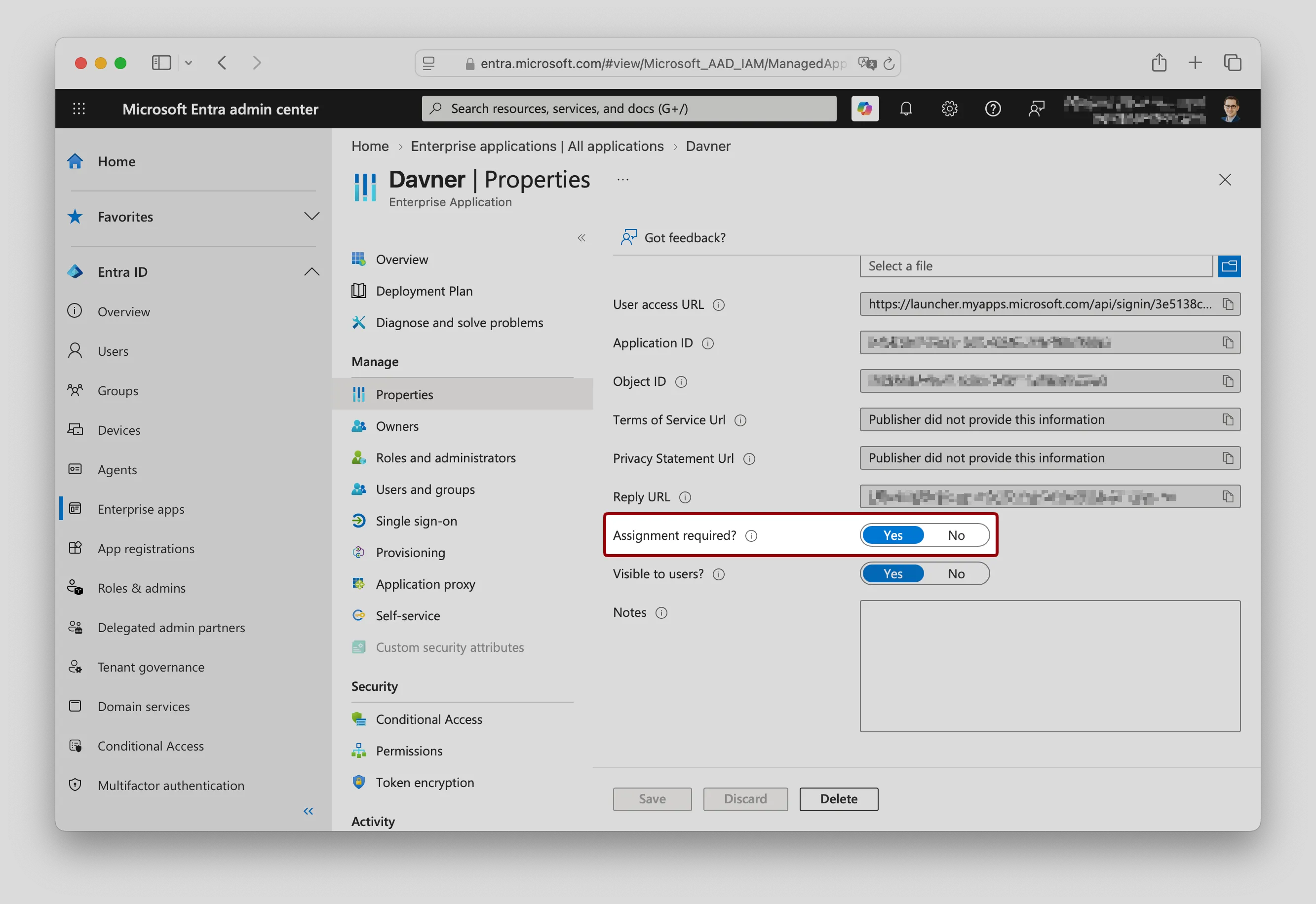 Microsoft Entra’s Davner application properties with Assignment required set to Yes and highlighted.