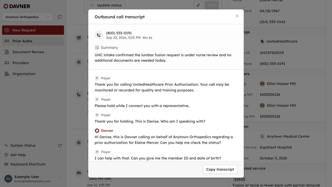 A sample payer call transcript from the Anytown Orthopedics demo workspace.