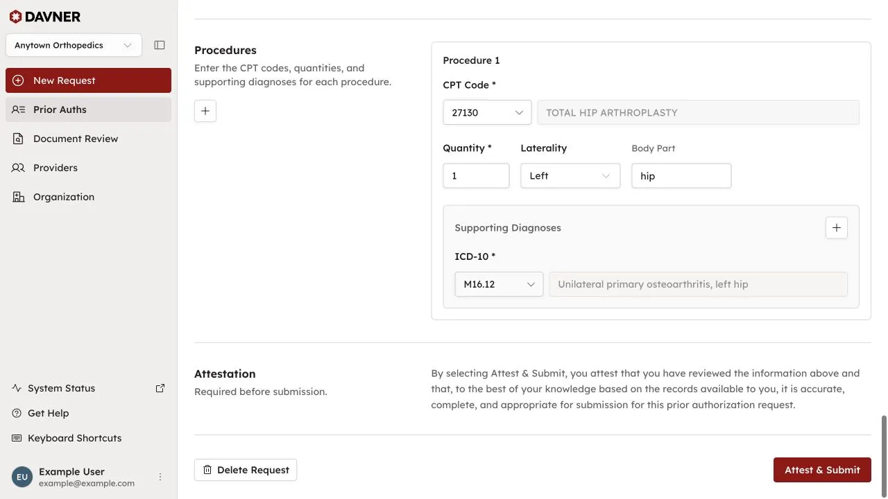 Procedure details and the Attest & Submit button in a demo request.