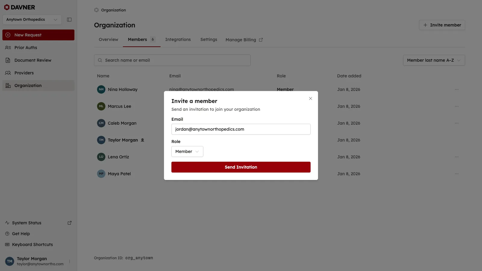 The invitation dialog with fields for a colleague’s email address and role.