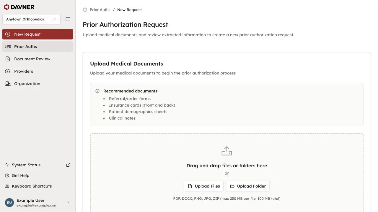 The file upload page in the Anytown Orthopedics demo workspace.