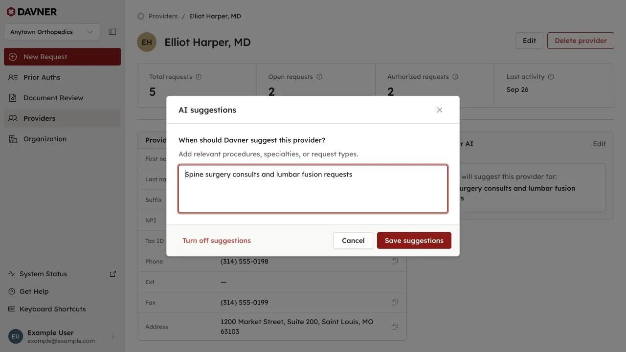 AI suggestions for a demo provider, with guidance for spine surgery consults and lumbar fusion requests.