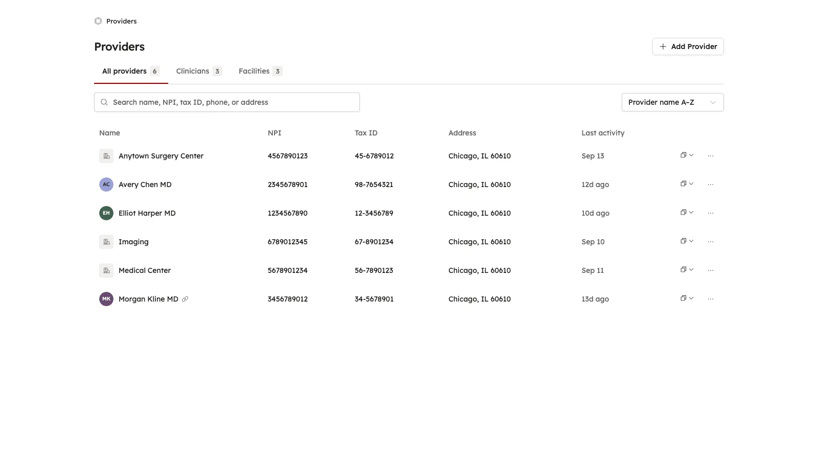 The provider directory with demo clinicians and facilities, search, and sorting controls.