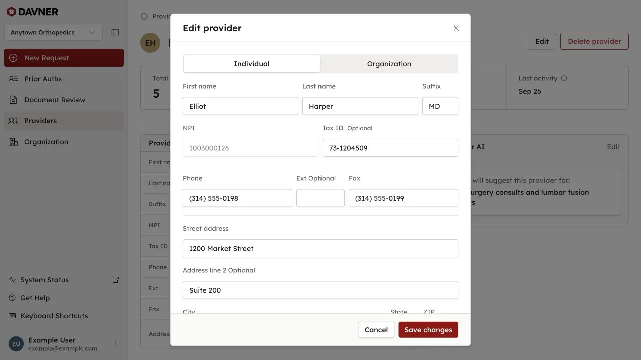The Edit provider dialog with a saved demo tax ID and a disabled NPI field.