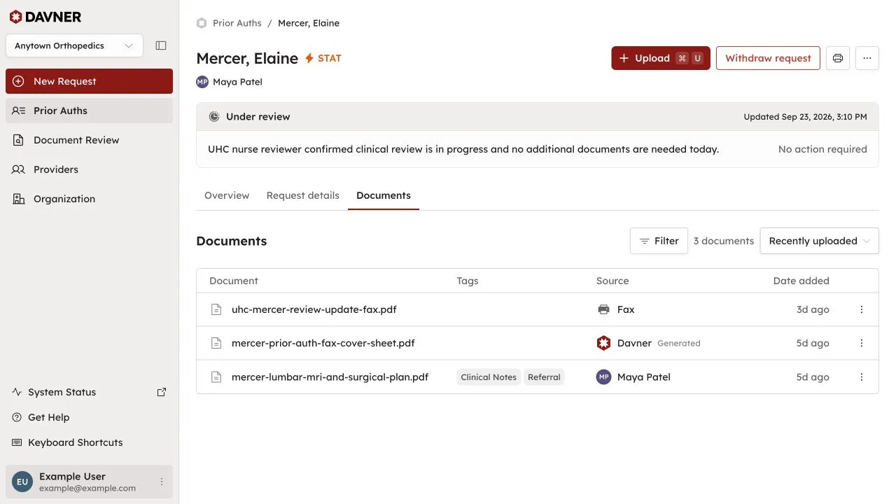 A demo request’s Documents tab showing uploaded records and payer correspondence.