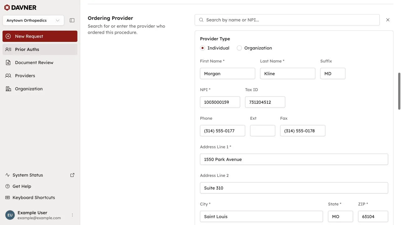 The ordering provider section of a demo request, including its editable Tax ID field.