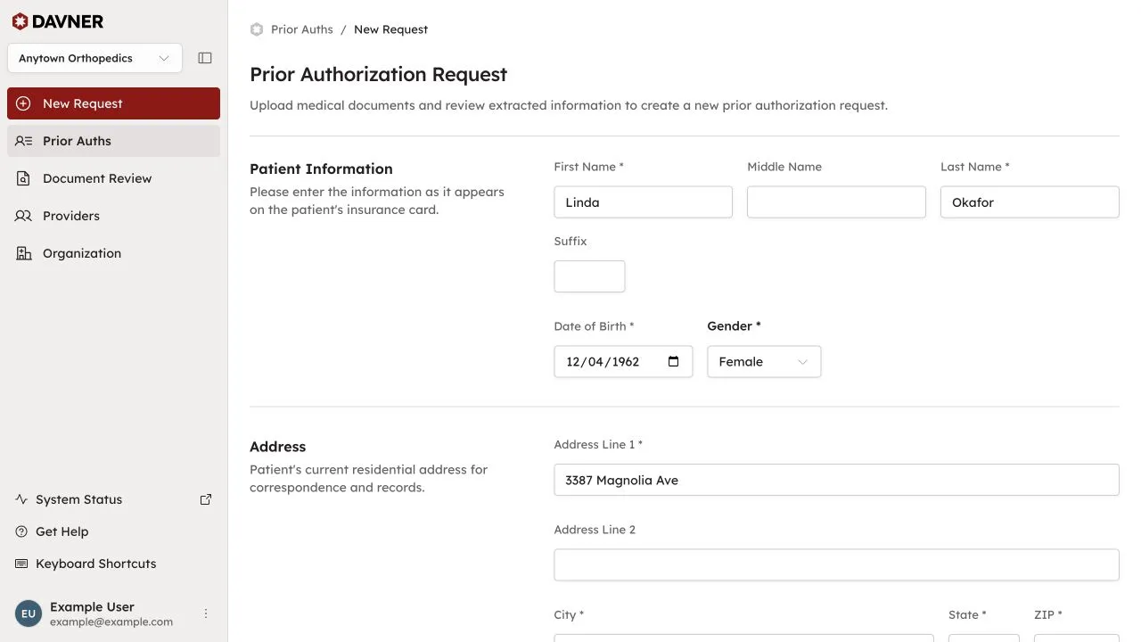 A prior authorization form populated with a demo patient’s details.