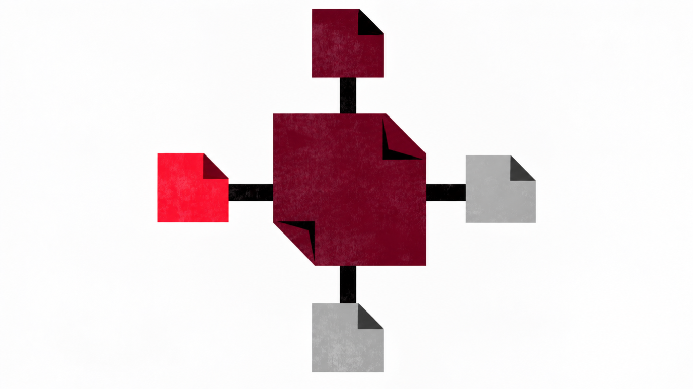 A central red document connected to four other documents.