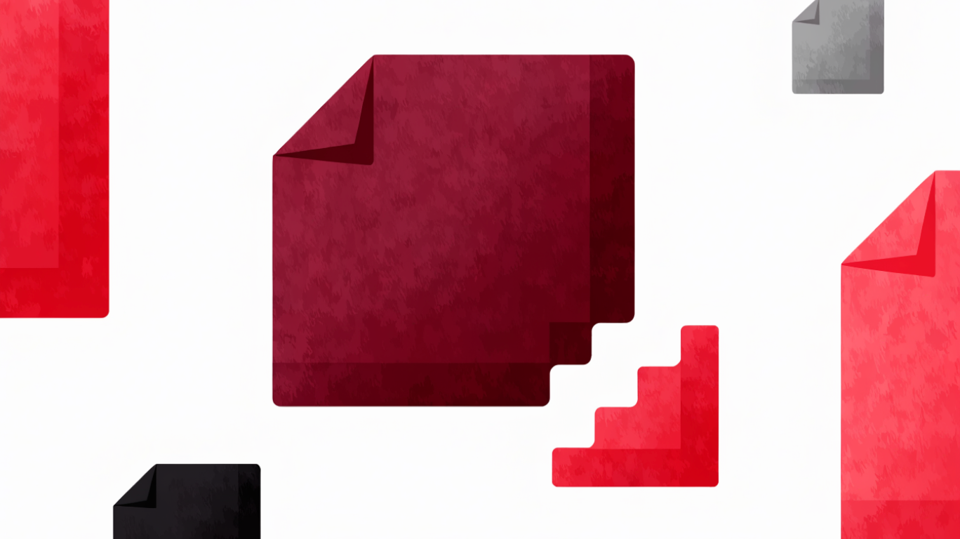 Red documents with stepped edges and a rising red shape.