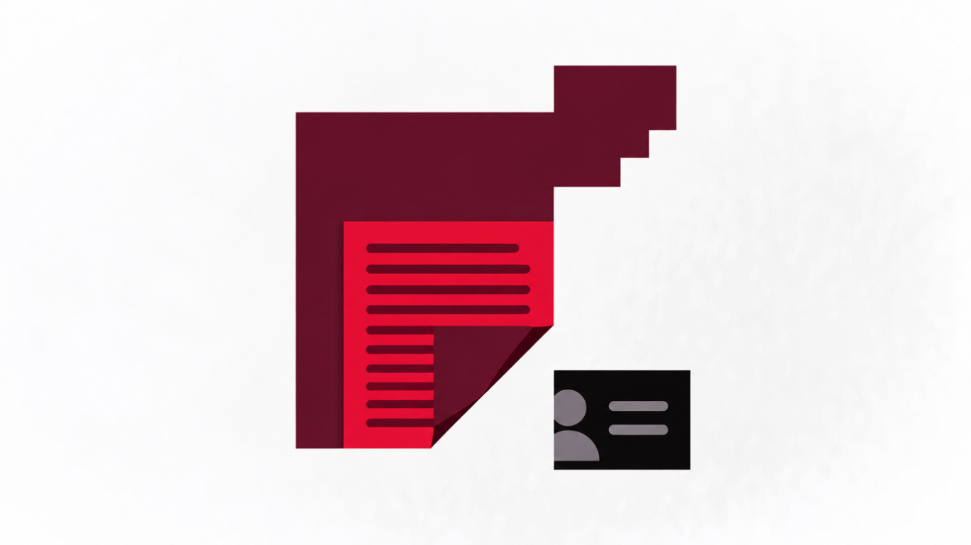 A red document with text and a black contact card.